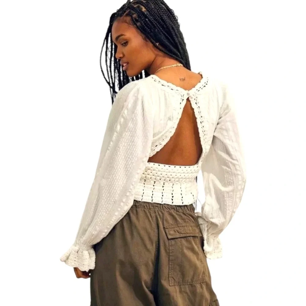 Free People Meghan Crochet Long Sleeve Boho Crop Top XS Cream‎ Ivory Festival